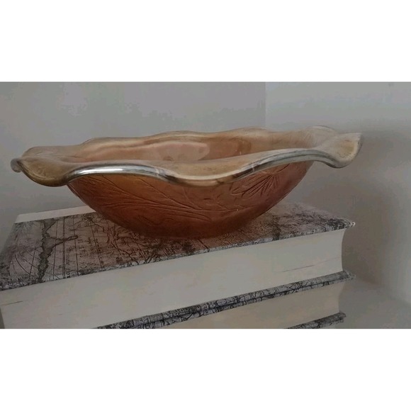 The Unbranded Brand Other - VTG‎ Iridescent Marigold Carnival Glass Bowl – Embossed Floral Pattern 9 Inch